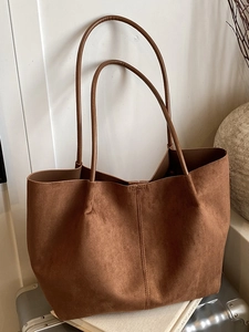 Women Large Capacity Faux Suede Tote Bag Minimalist Commute Shoulder Bag Casual Soft Leather Handbag For Daily Work Travel
