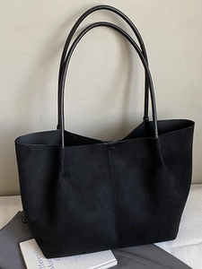 Minimalist black suede tote bag with long handles for women's casual autumn fashion