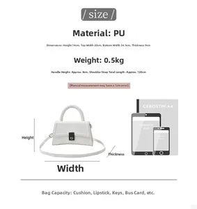 Detailed size chart of white faux-crocodile hourglass handbag with product dimensions