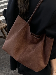 Chic autumn large brown suede tote bag for women with minimalist shoulder strap design