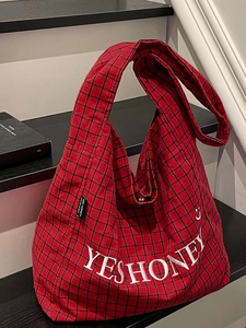 Vintage Plaid Segeltuch Tote Bag Für Damen Große Kapazität Buchstabenstickerei Umhängetasche Lässig Mode Handtasche Reisetasche