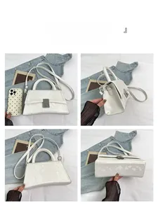 Detail showing snake-patterned trapezoid handbag from front, side, back and bottom views