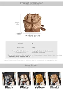 Detailed chart showing contrast color stitching bucket bag dimensions and four color options