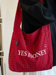 Rote karierte Canvas-Einkaufstasche mit YES HONEY Stickerei und großem Stauraum
