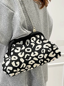 Sac nuage en tricot imprimé léopard pour femme avec chaîne argentée en bandoulière