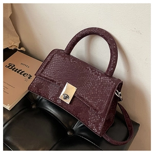 Detailed view of dark purple snakeskin texture handbag with a silver metal clasp