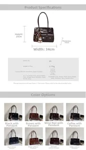 Detaillierte Größenangaben für die braune Vintage-Tasche mit Maßen und Materialinfos