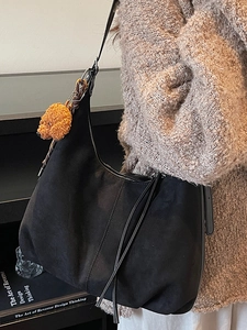 Retro black suede large hobo shoulder bag with a cute brown plush puppy pendant