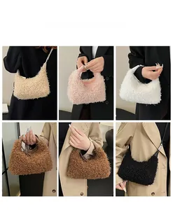 Collage montrant six couleurs de sacs demi-lune en fausse fourrure pour la mode hiver