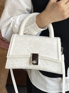 Chic white faux snake-skin hourglass handbag with silver hardware and top handle for women