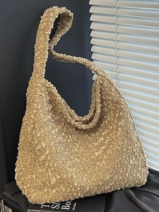 Women Large Capacity Tote Bag Autumn Winter Plush Tweed Shoulder Bag Korean Minimalist Splicing Bucket Bag Commuter Handbag