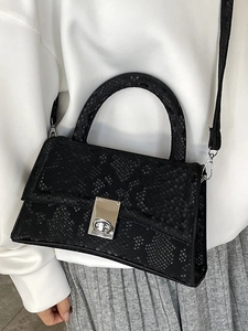 Fashion black snake pattern trapezoid handbag with silver metal buckle for women