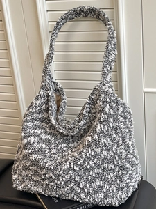 Large capacity black and white tweed hobo tote bag for daily commute with a soft silhouette