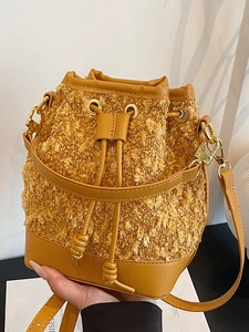 Women Retro Colorblock Tweed PU Leather Patchwork Bucket Bag Fashion Drawstring Shoulder Crossbody Bag Minimalist Casual Small Handbag