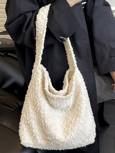 Minimalist cream sherpa fleece tote bag for women showing soft textured fabric strap