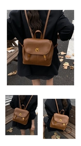 Vues détaillées d'un sac à dos vintage en cuir PU marron avec fermoir rotatif et rabat