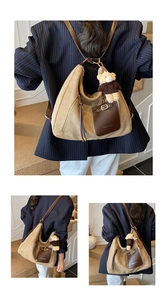 Close-up of khaki nubuck hobo bag with brown leather straps and plush bear charm detail