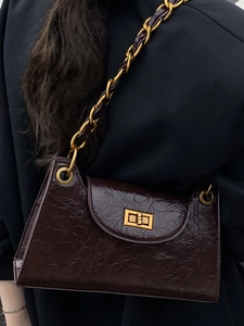 French vintage dark brown pleated patent leather shoulder bag with gold chain strap
