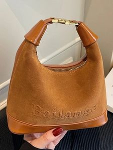Sac à main marron en daim et cuir avec logo Bailange et fermoir métallique doré