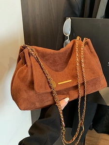 Grand Sac Cabas en Suédine pour Femmes Vintage Sac à Épaule Chaîne Automne Urbain Simple Sac Bandoulière Sac de Travail Élégant