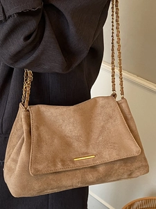 Grand sac cabas en daim marron avec chaîne dorée, sac à bandoulière élégant pour femmes