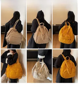Detailed views of multifunctional beige and yellow nylon backpacks with multiple carrying modes