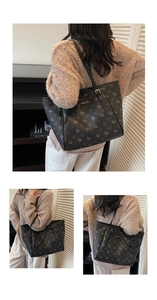 Grand sac cabas noir avec motif de cerf gris et bandoulières en cuir réglables