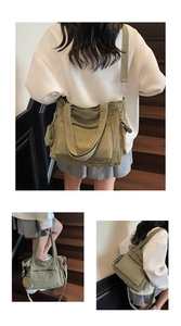 Army green canvas tote bag with side pockets and a small round coin purse charm detail