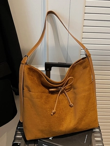 Sac Bandoulière Vintage en Suède pour Femme Grande Capacité Simplicité Urbaine Couleur Unie Nœud Papillon Cordon Sac Cabas Chic