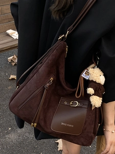 Retro large capacity coffee brown suede shoulder bag with bear pendant for women