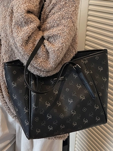 Sac fourre-tout noir à imprimé cerf avec poignées en cuir pour femme style chic