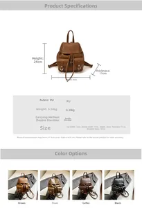 Detailed size specifications and four color options for the vintage PU leather backpack