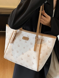 Grand sac cabas blanc chic avec motif de cerf et lanières en cuir marron pour femme