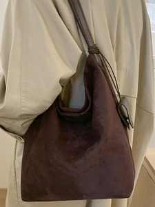 Brown faux suede hobo bag for women, large capacity minimalist shoulder tote with pouch