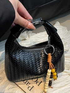 Women Woven PU Leather Shoulder Bag High Beauty Niche Handheld Underarm Hobo Bag With Wood Bead Tassel Charm Commuter Purse
