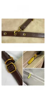 Détail en daim beige et cuir marron avec boucles en laiton et doublure à chevrons