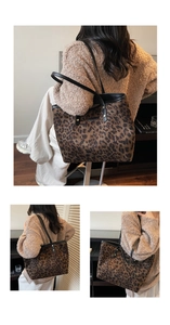 Detail view of leopard print tote bag with black leather straps and metal rivets