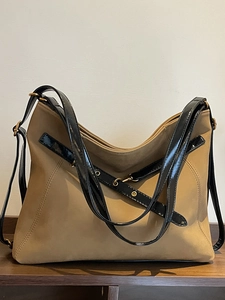 Sac Fourre-tout en Suède pour Femmes Grande Capacité Vintage Épissage Sac à Épaule Mode Navetteur Texture Suède Douce Sac à Main