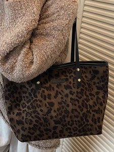 Large leopard print tote bag for women with fashion label and golden rivet accents