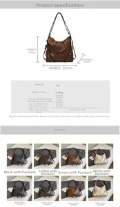 Detailed size specifications and color options for the large capacity vintage PU tote bag