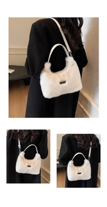Détails de la fourrure synthétique blanche et plaque logo sur un sac à main doux d'automne