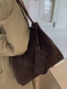 Large dark brown faux suede tote bag with mini pouch and elegant shoulder strap