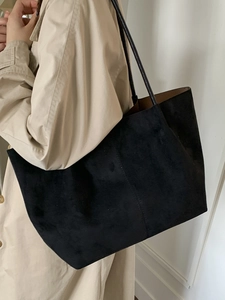 Minimalist black faux suede large tote bag with shoulder straps for women's autumn style