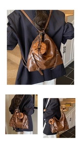 Detailed views of brown faux leather backpack with donut plush charm on casual suit