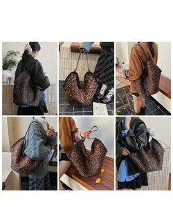 Collage of large leopard print tote bag with wavy edges and leather handles in use