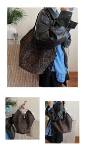 Three-way view of a large leopard print tote bag with black handles and shoulder strap