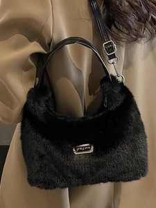 Sac à main en fausse fourrure noire avec logo JINGPIN et bandoulière pour femme chic