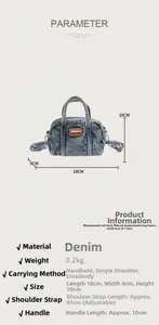 Detaillierte Größenangaben und Parameter für die Mini-Denim-Boston-Handtasche
