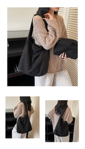 Close-up of black fuzzy sherpa tote bag and matching zipper pouch for women