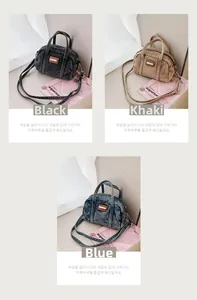 Detailansicht der Denim-Boston-Taschen in Schwarz, Khaki und Blau mit Leder-Patches